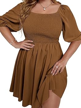 WDIRARA Women's Plus Size Puff Sleeve Square Neck Shirred